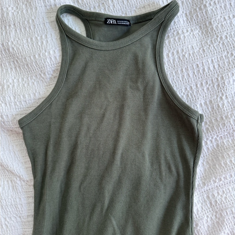 ZARA Ribbed Olive Green long Dress